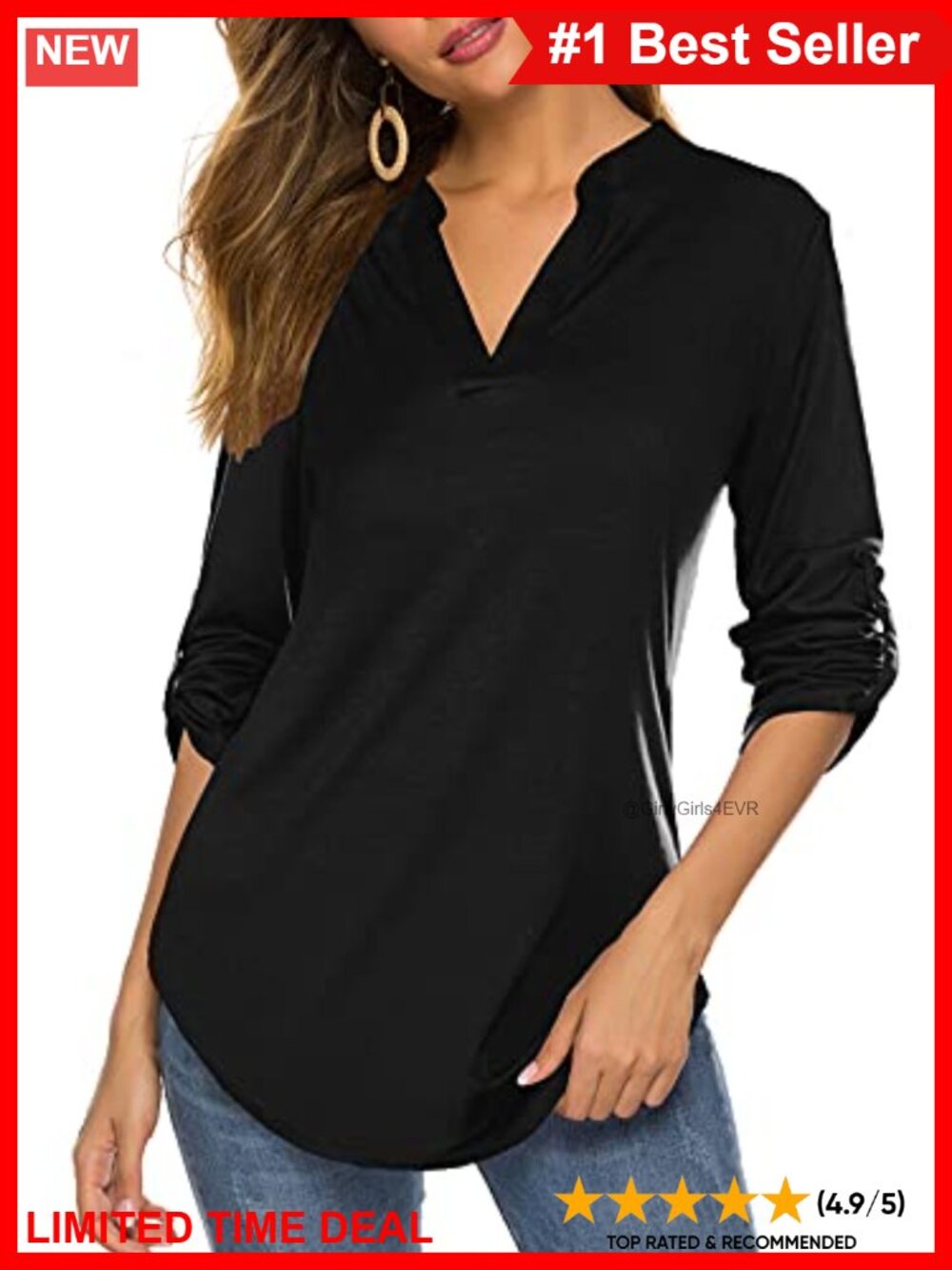 Roll Up 3/4 Sleeve Floral Print V Neck Tunic Top Work Blouse